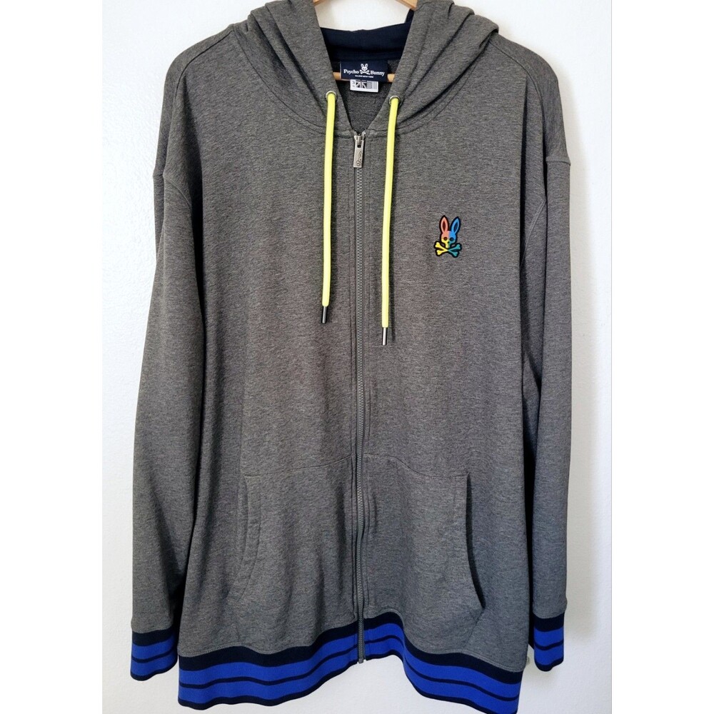 Men's Psycho Bunny Grey Cotton Full Zip Hoodie Size 3XL Big & Tall Blue Stripe